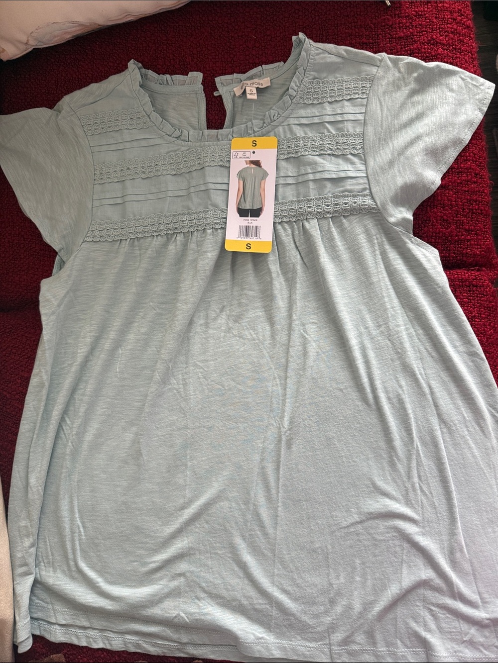 Ella Moss Light Seafoam Green Lace Yoke Short Sleeve Top